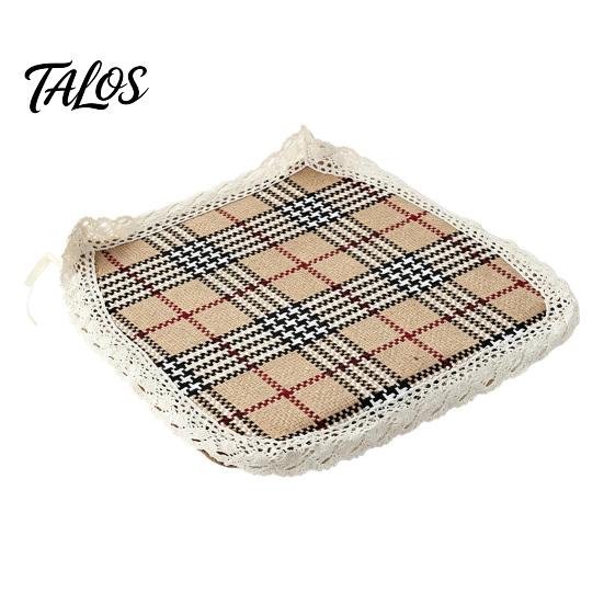 Tapis de Chaise Bordure Dentelle Rétro Coton Lin avec Liens, Style Bohème à Rayures et Carreaux Garniture de Siège de Salle à Manger, Respirant pour Tapis de Bureau d'Ordinateur