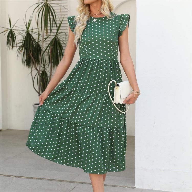 Summer Women Sleeveless Round Neck Ruffled Dot Print Long Dress Polka
