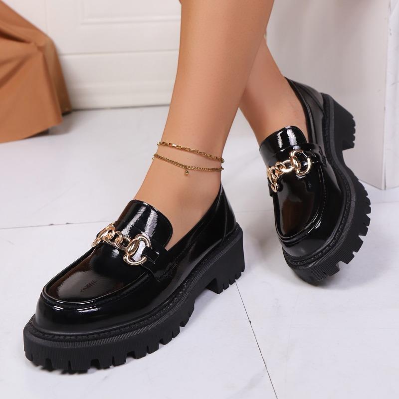 Patent Leather Block Heel Single Shoes Autumn New Round Toe Deep Mouth Metal Chain Platform Anti-Slip Wear-Resistant Loafers