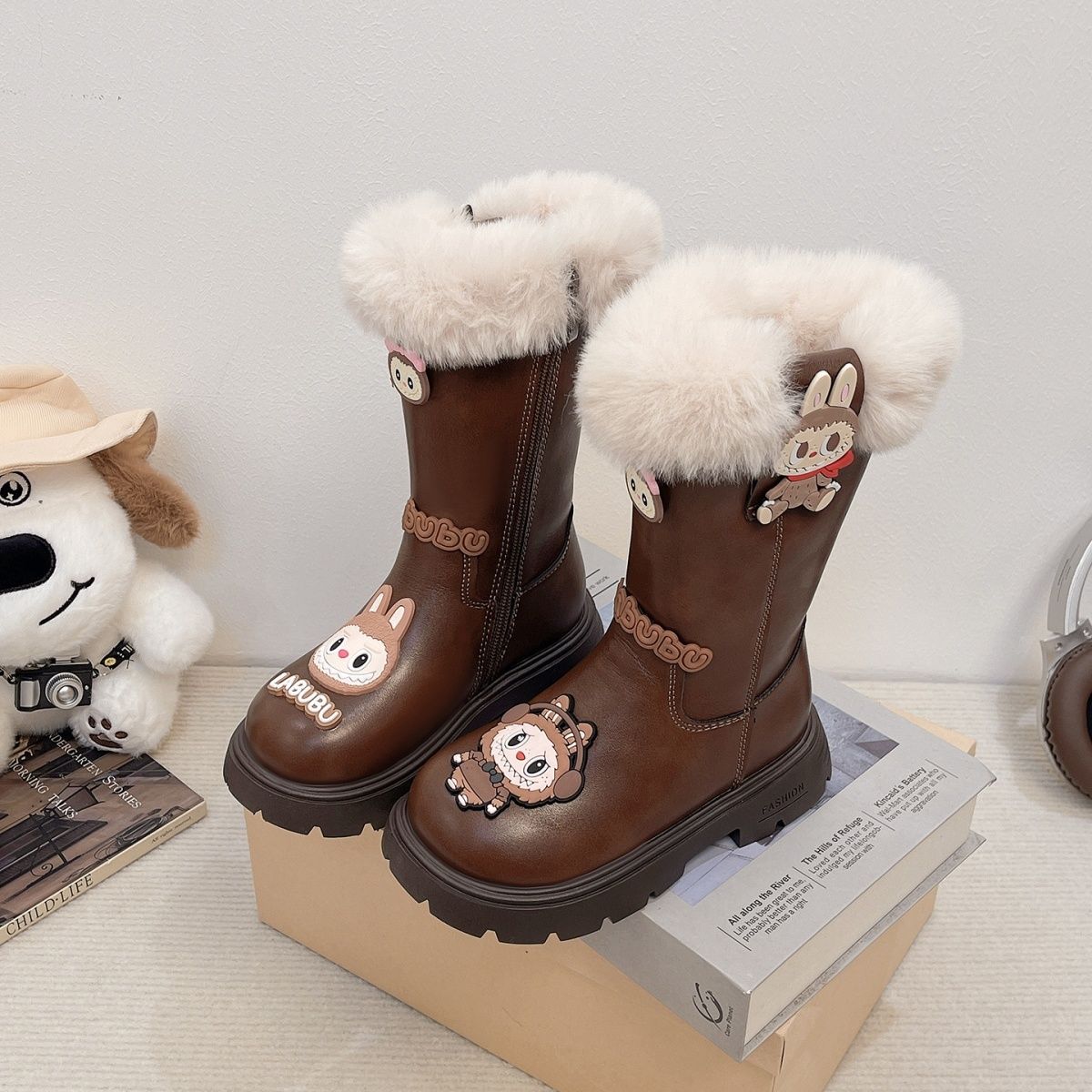 

Girls Leather Boots, Princess Furry Boots, Winter Children s Warm High Boots 37