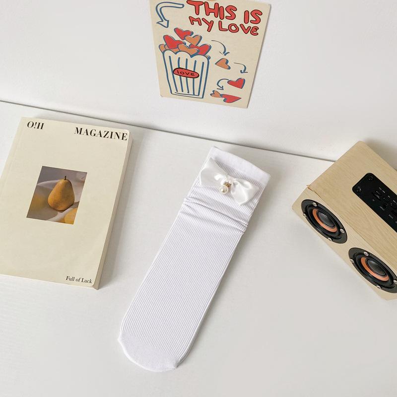 

Spring And Summer Bow Socks Women S Japanese Pearl Black And White Medium Tube Women S Socks Lolita Jk Thin Stacking Socks One size fits all белый