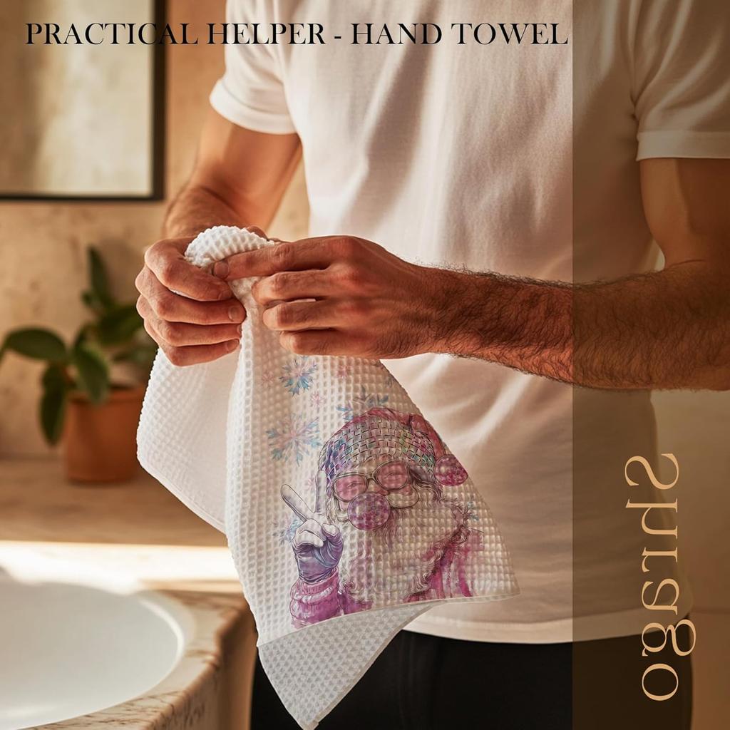 Pink Santa Winter Kitchen Towels, Snowflake Winter Dish Tea Towels for Kitchen, Funny Christmas Santa Claus Holiday Decorative Hand Towel for