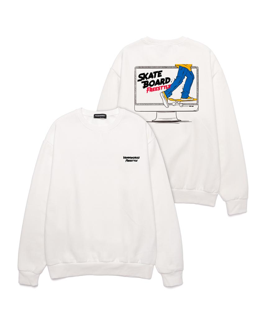 VANNWORKS Skateboard In Monitor Oversized Sweatshirt (Vncts102) White