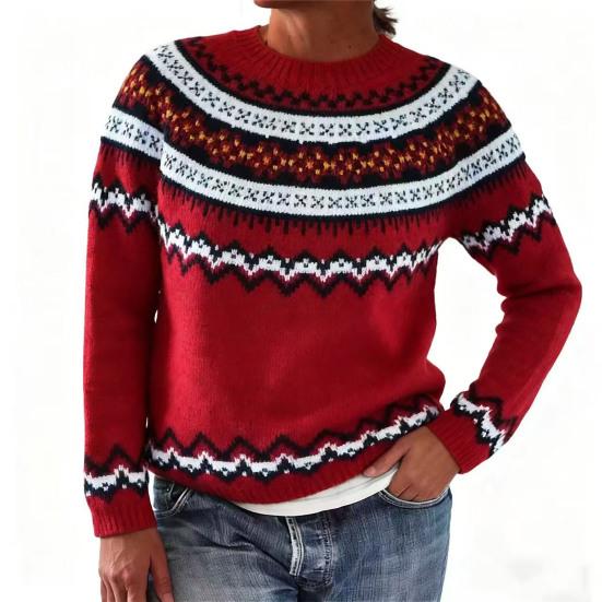 Women Sweater Round Neck Long Sleeve Patchwork Color Pullover Tops Loose Fit Autumn Winter Knit Tops