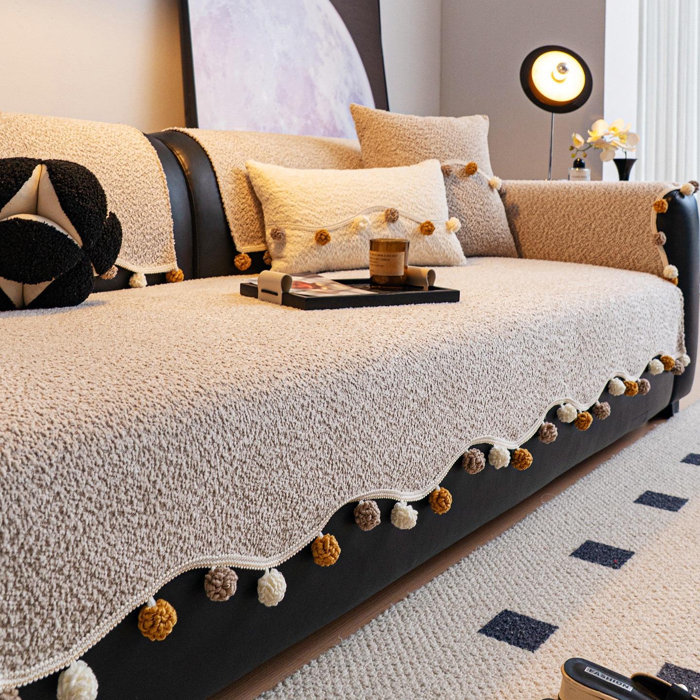 

Weaving Chenille with Contrast Velvet Hem & Tassels Decor Sofa Cover, Non-Slip Sofa Towel for All Seasons Living Room Couches 70*70cm хаки