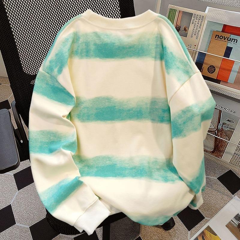 Horizontal Cotton Pure Striped Tiedye Round Neck Sweatshirt For Women Autumn Winter Loose Simple Top