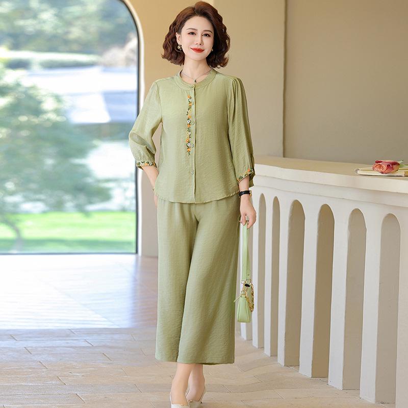 

Summer 2026 Chinese Style Cotton Linen Suit: Embroidered Shirt & Wide-Leg Pants for Middle-Aged Women 4XL [130-145 lbs]