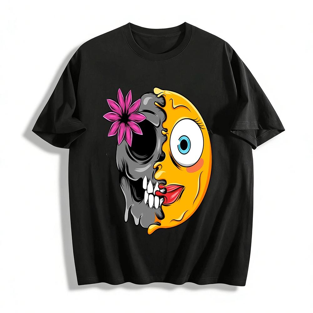 

Half Skull And Tongue Out Emoji Print Trendy Casual Short Sleeve T-Shirt Pure cotton T-shirt XXS