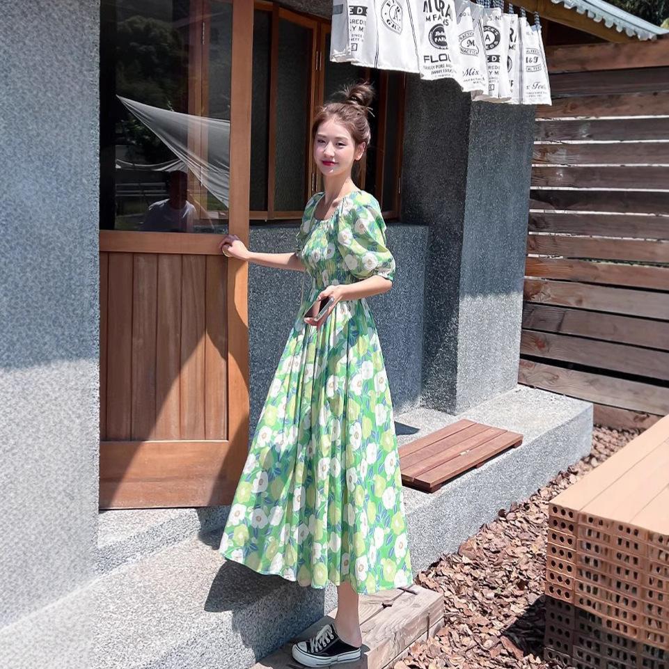 French floral dress women's summer new design sense green medium and long dress small waist A-shaped skirt