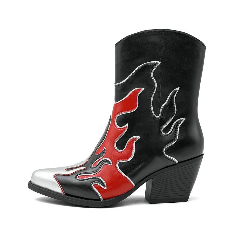 Womens Pointed Toe Chunky Heel Mid-Calf Fashion Boots In Colorblock Design PU Upper With Side Zip Size 36-41