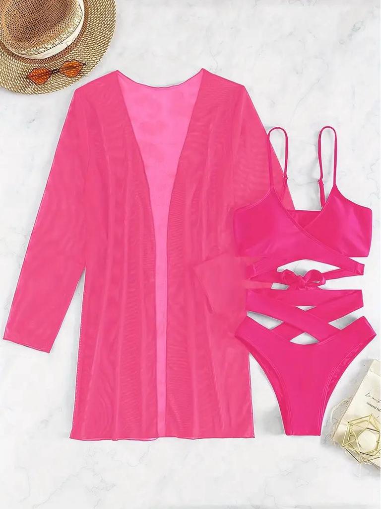 Europäischer & Amerikanischer Mesh Bikini Cover-Up: Sexy dreiteiliger Badeanzug für Damen.