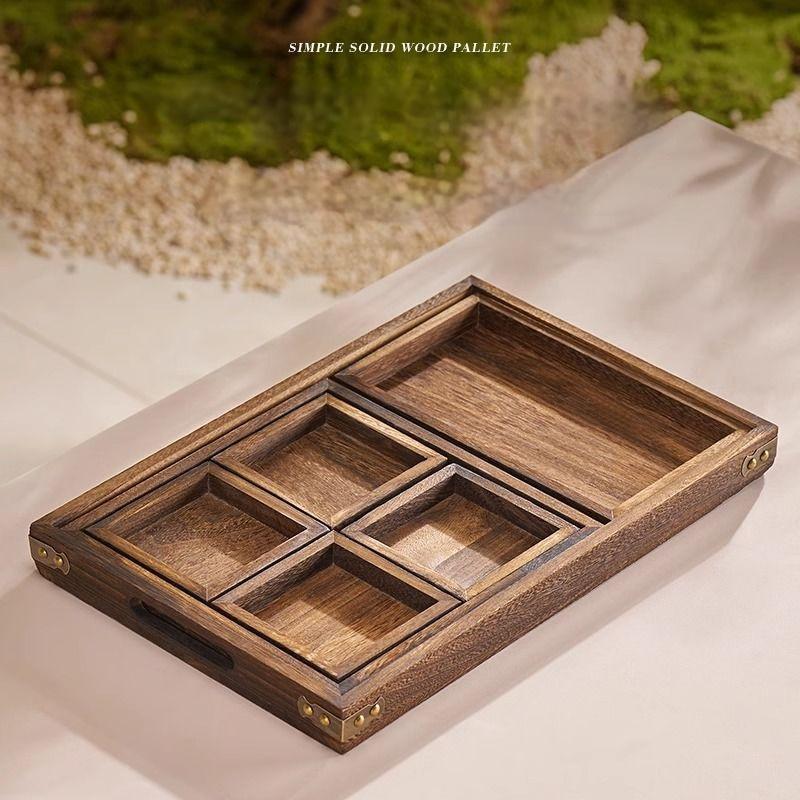 GIANXI Dry Fruit Tray Afternoon Tea Tray Snack Fruit Tray multi-lattice Tea Tray Stove Side Tea Chinese Wooden Tray