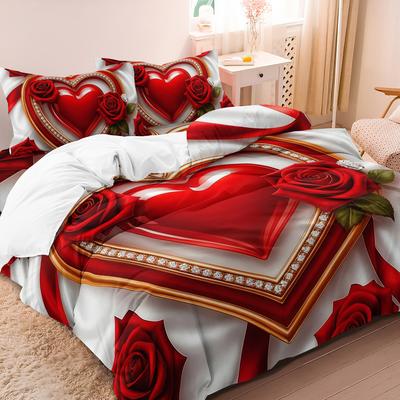 3pcs Valentine'S Day Romantic Heart-Shaped Rose Pattern Couple Duvet Cover Set, Bedding Set, Soft And Comfortable Duvet Cover