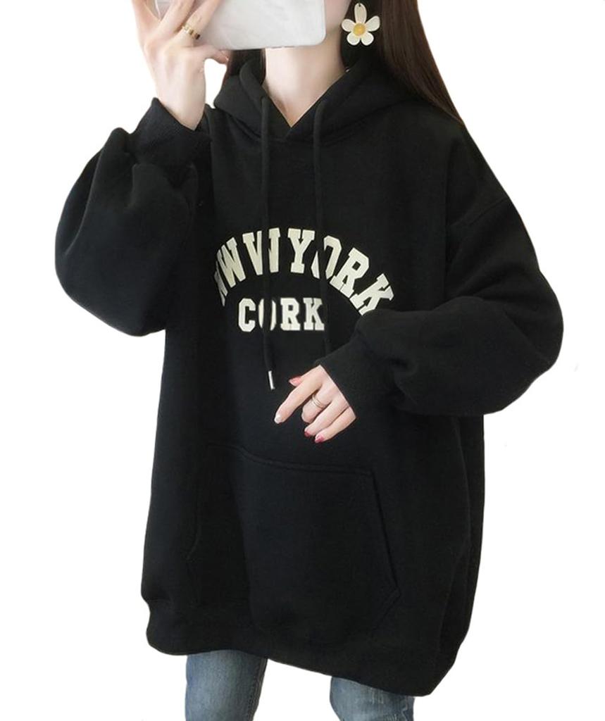 Pullover Plus Sizes Women's Fall/Winter Loose-Fit Long-Sleeve Fleece-Lined Hoodie, Stylish, (JP, Alphabet, M, Black)