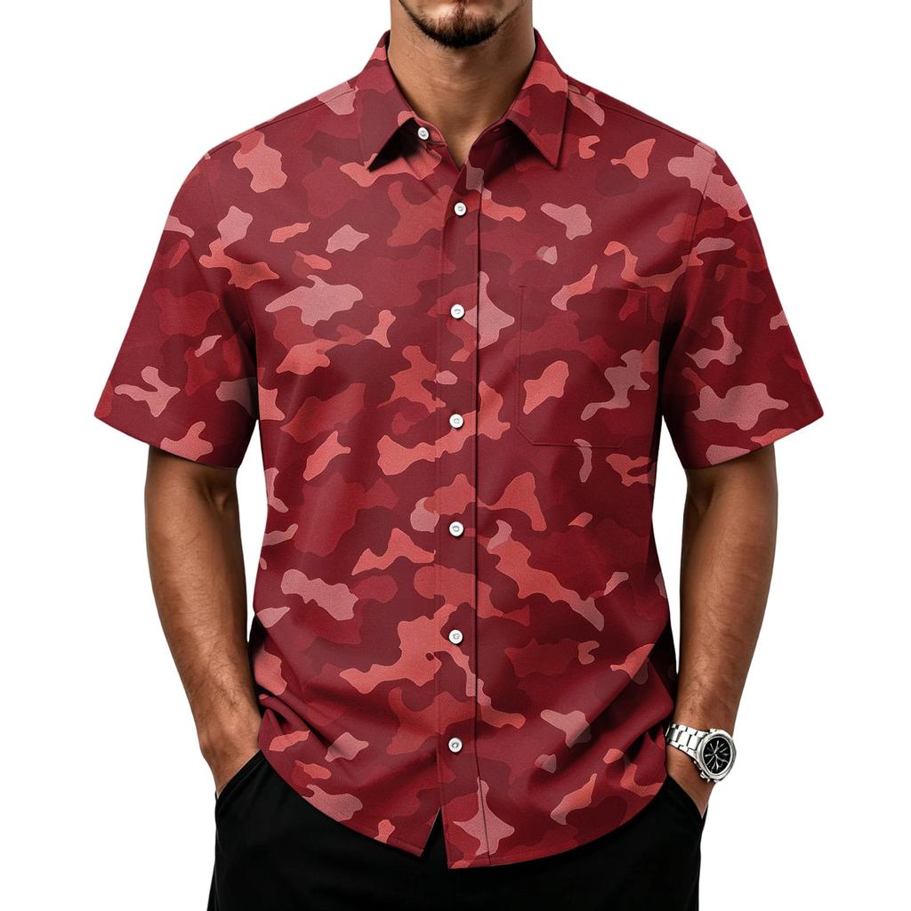 Men's Casual Short Sleeve Button Down Shirt Lightweight Breathable Fabric Classic Fit with Front Pocket Camouflage Print