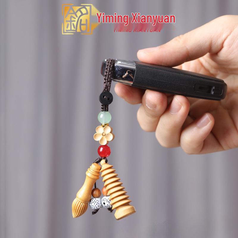 Wenchang Pen Tower Peach Wood & Cedar Calligraphy Brush Keychain Pendant
