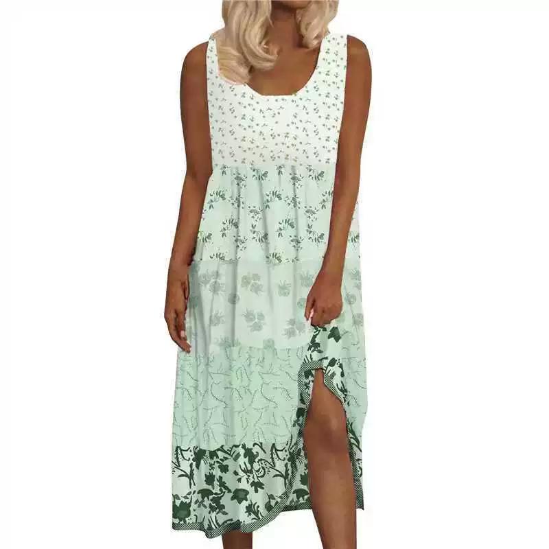 Sommer Damen Vintage Strandkleider Elegant O-Ausschnitt Ärmellos Locker Midi-Kleid Damen Lässig Patchwork Partykleid