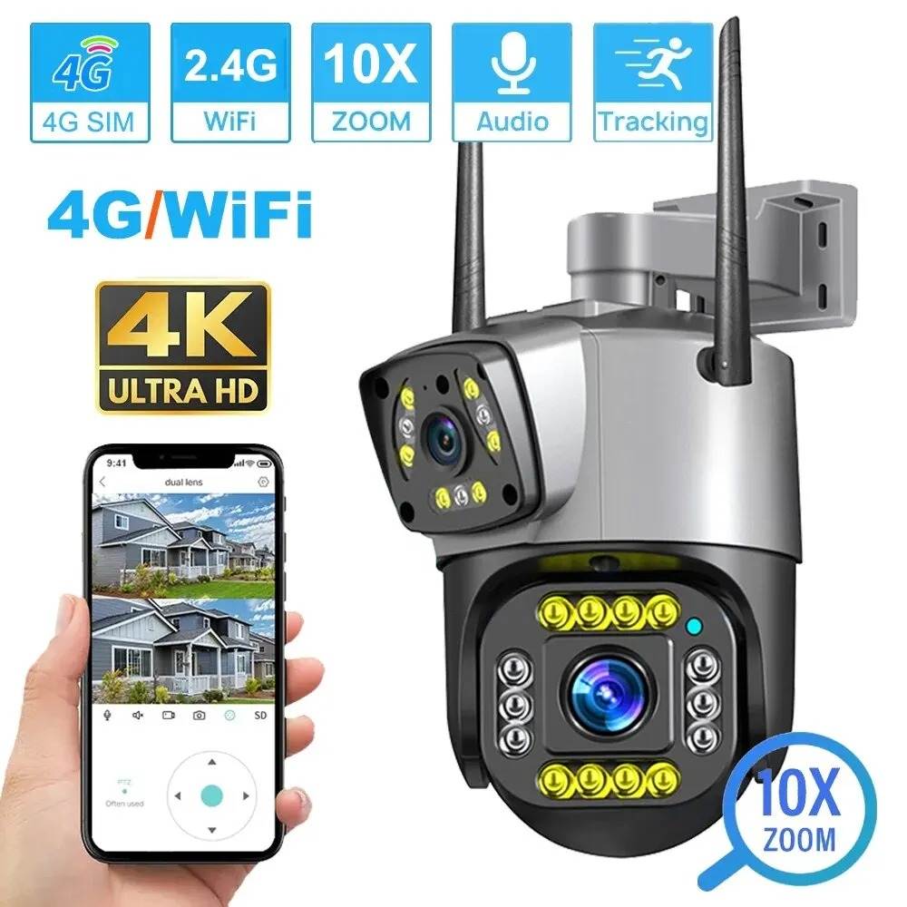 New 8MP 4K Dual Screen Camara 4G/WiFi IP Camera Monitor Smart Home Outdoor Waterproof PTZ CCTV Camera V380 Pro Security Protection