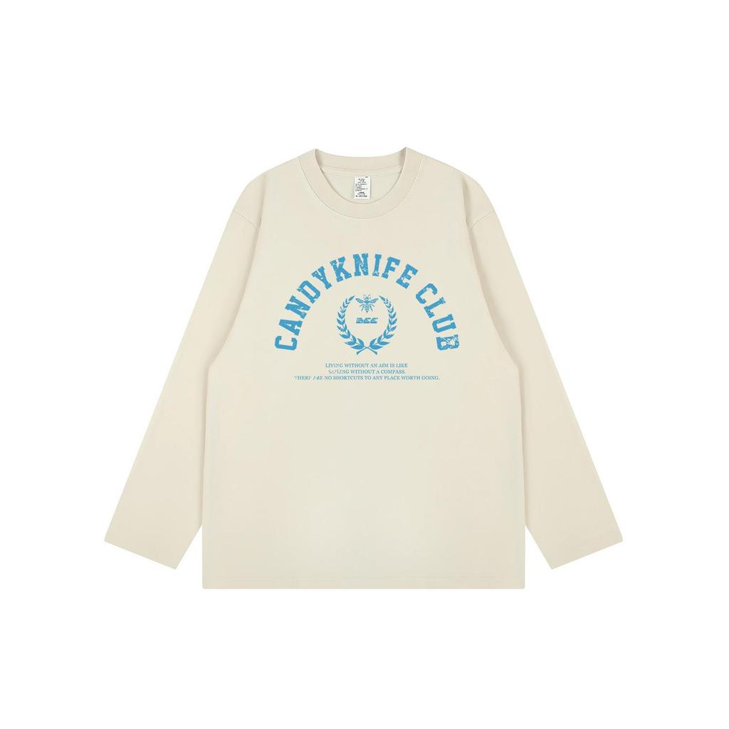 Trendy Korean Style Retro Letter Print Long Sleeve Cotton T-Shirt