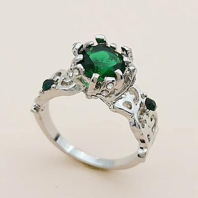 Huajie Zircon Vert Argent Gravure Élégant Anneaux pour Femmes Fête de Banquet Brillant Accessoires Tendance