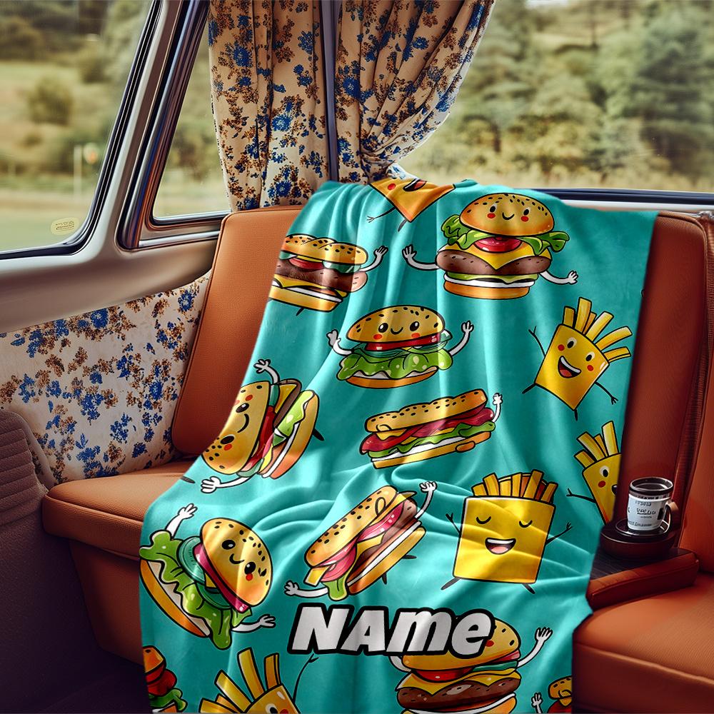 Fun Fast Food Characters On Blue Background Blanketcustomizable With Your Namecomfortable And Stylish Perfect For Travel Beds Chairs Offices Sofas