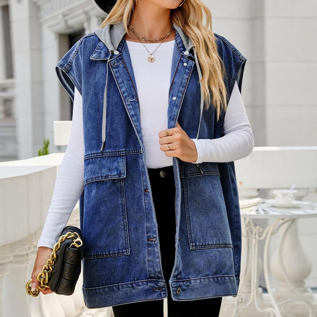 Dames Casual Losse Vintage Denim Vest Capuchon Jas