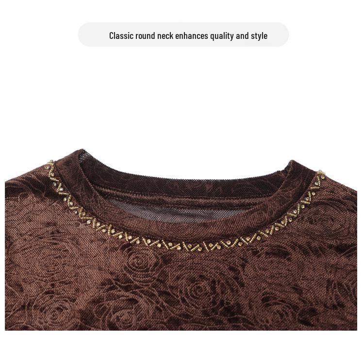 Round Neck Beaded Rose Velvet Long Sleeve Women's Shirt In Black Coffee Nylon
