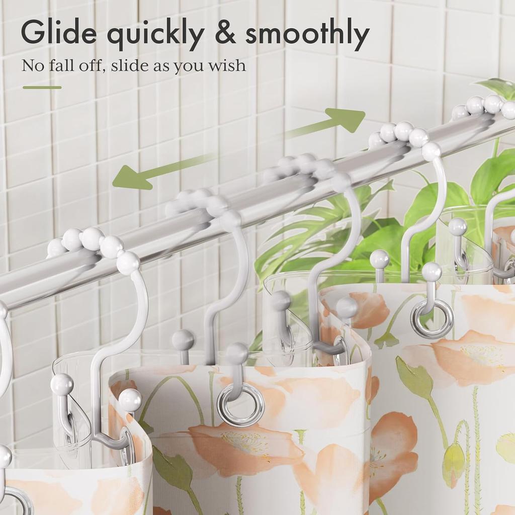 Amazer Plastic Shower Curtain Hooks, Double Shower Curtain Rings, Shower Rings for Shower Curtain, White Shower Hooks for Curtain Liner Bathroom - 12