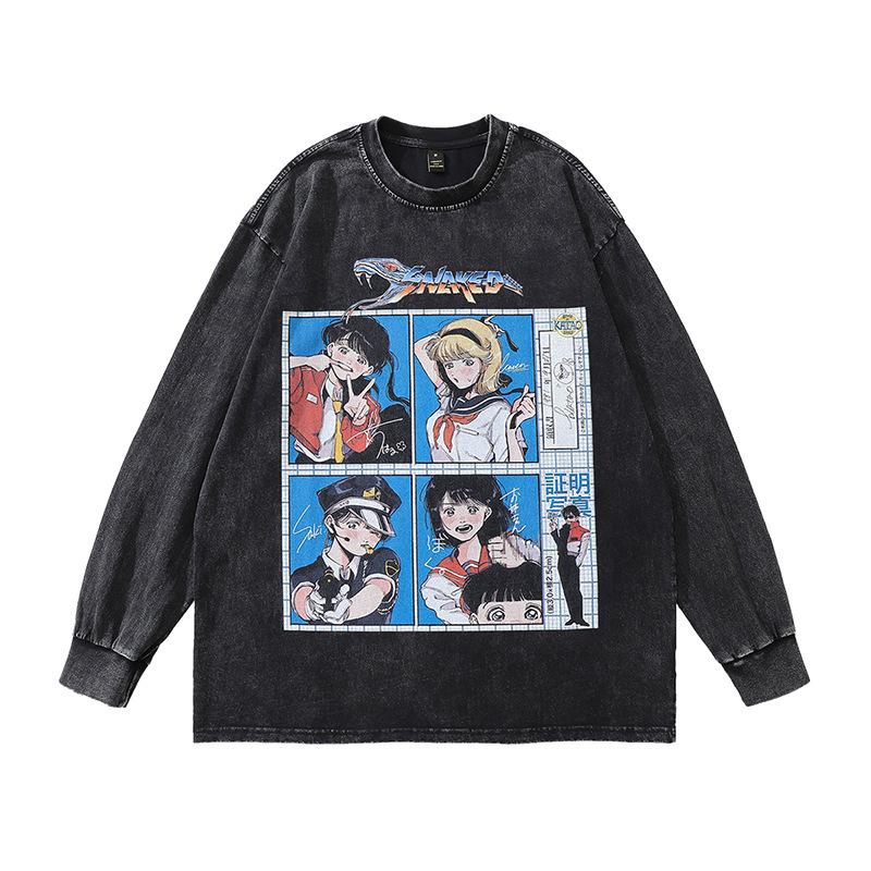 High Street Vintage Old Washed Cartoon Printed Short Sleeve T-Shirt Men'S And Women'S Bf Style Hip Hop Loose Half Sleeve Top