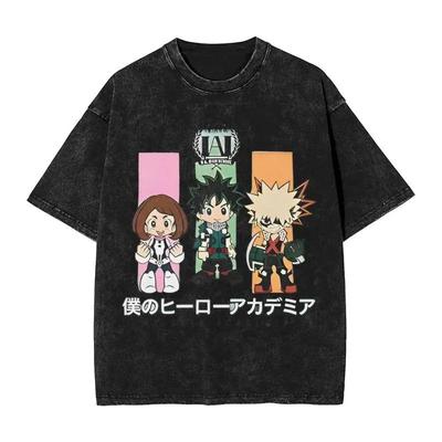 Cartoon My Hero Academia T-Shirt Herren Damen Kleidung Vintage Gewaschen Übergröße T-Shirt Sommer Kurzarm 100% Baumwolle T-Shirts Oberteile