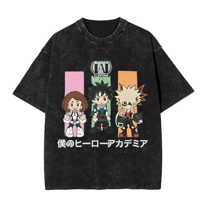 

Cartoon My Hero Academia T-shirt Men Women Clothing Vintage Washed Oversized T Shirt Summer Short Sleeve 100% Cotton Tees Tops S