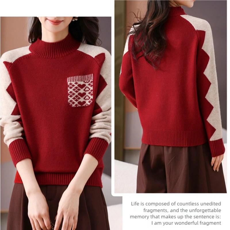 Women's Printed Sweater Autumn Winter Thick Soft Mock Turtleneck Sweater Color Block Loose Knit Pullover Top