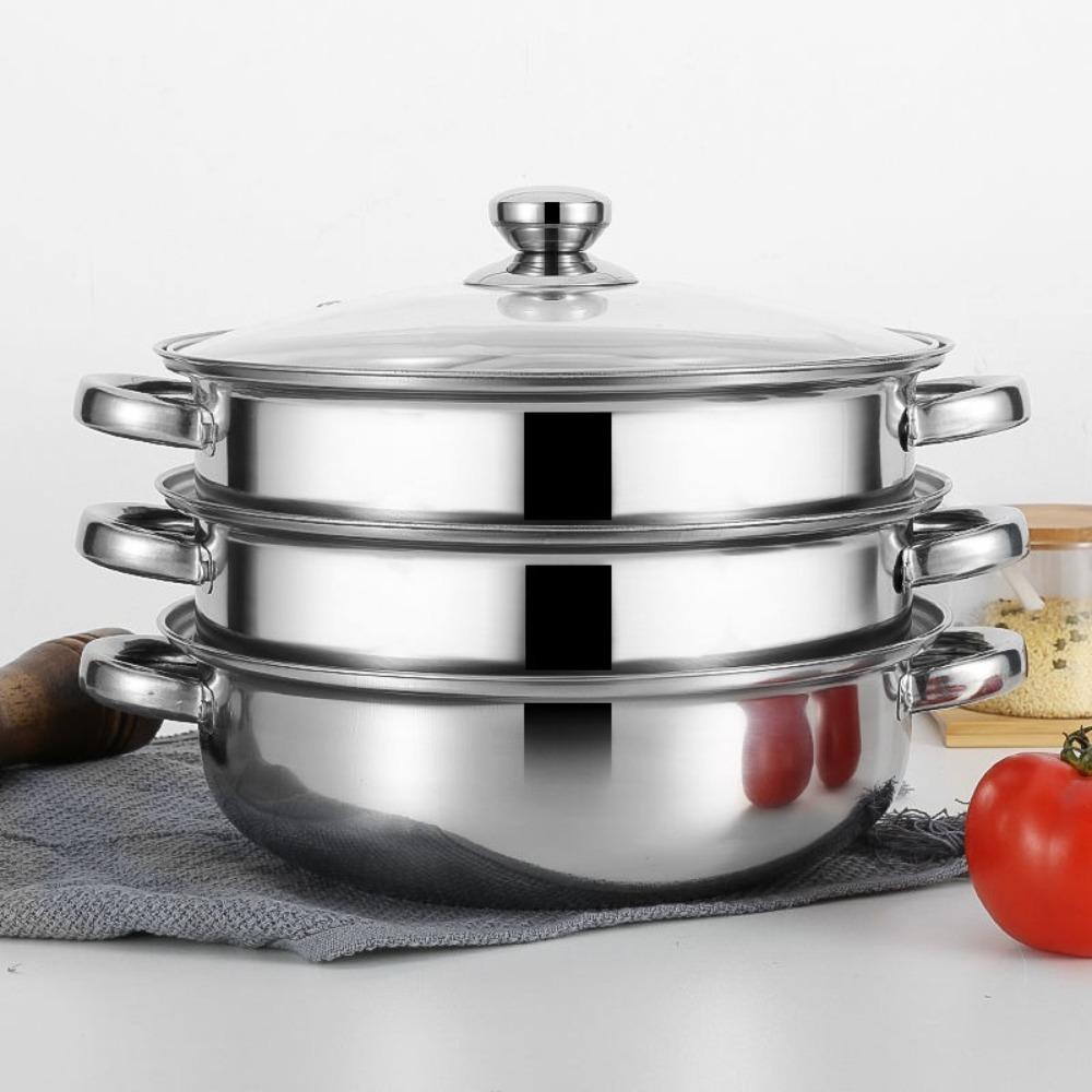 3 Tier Stainless Steel Steamer 28cm with Glass Lid Steaming Cooker Thickened Cookware Multifunctional Cooking Pot