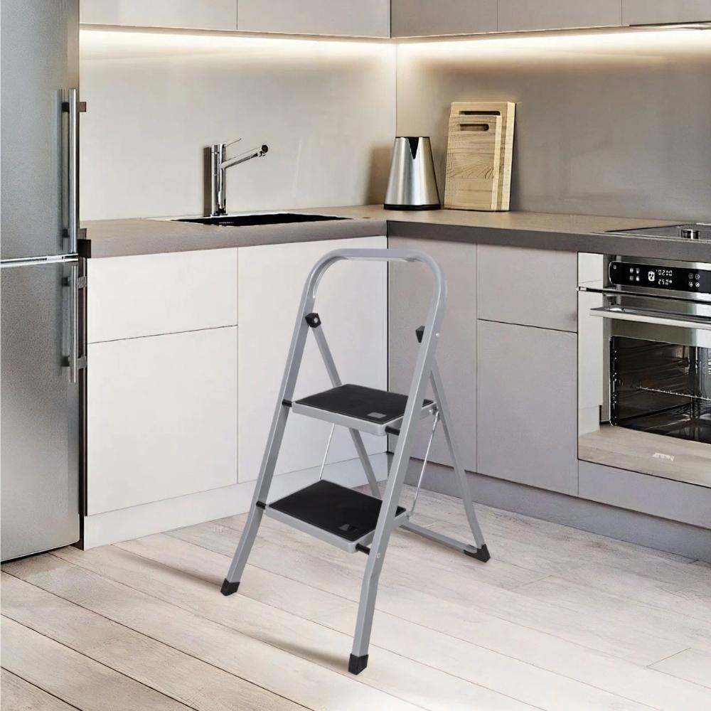 Ladder 2 Steps Household Ladder Foldable Steel Metal Gray 150 Kg