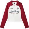 Color Block Polo Letter Comfortable Casual Long Sleeve Raglan T-Shirt Women Tops Cotton-Candy-White L125W005-0074