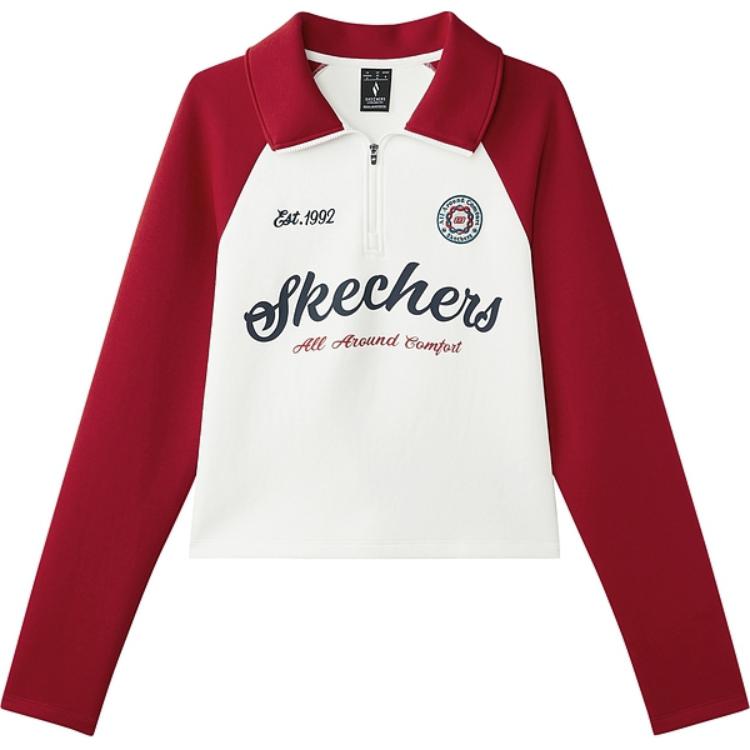 Skechers Color Block Polo Letter Comfortable Casual Long Sleeve Raglan T-Shirt Women Tops Cotton-Candy-White L125W005-0074