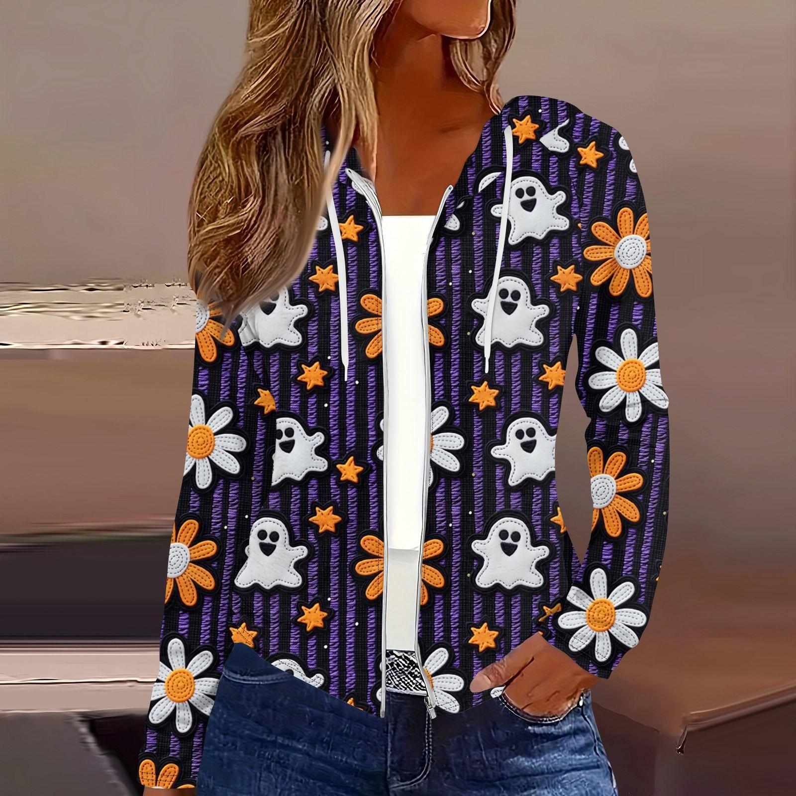 

Женская мода повседневная молния с капюшоном и принтом Хэллоуина с длинным рукавом толстовки пальто XXXL