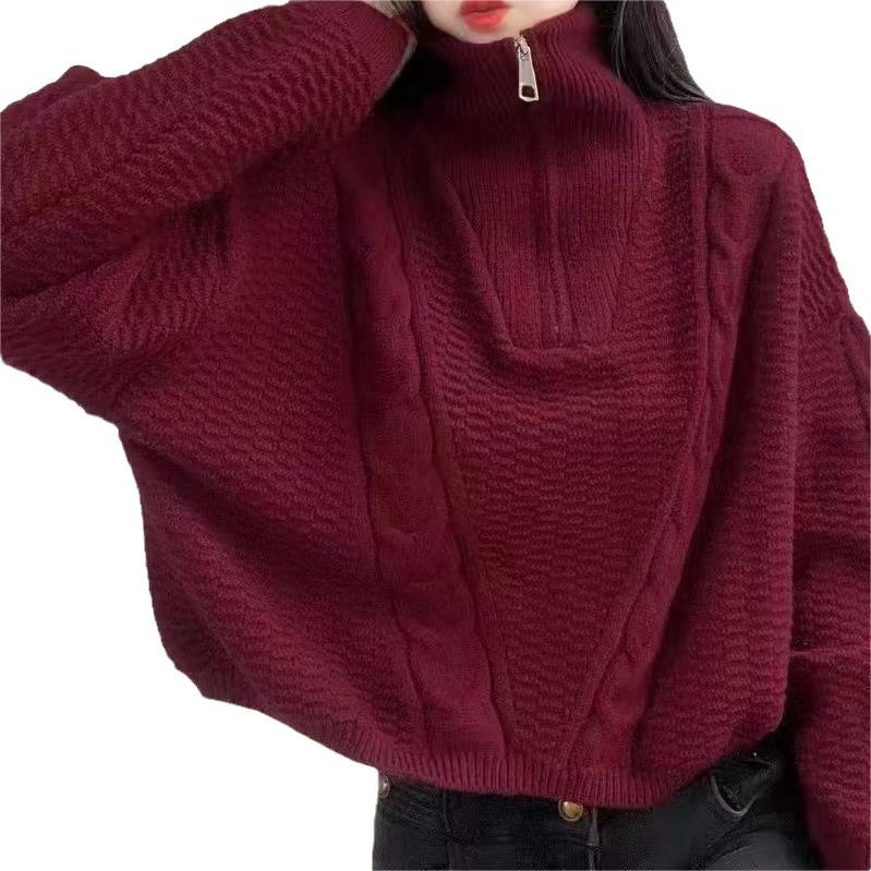 2025 New Women's Loose Japanese Style Half-Zip Cable Knit Turtleneck Sweater for Autumn and Winter