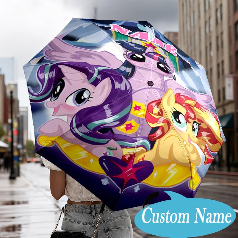 Custom Name Rainbow Pony Umbrella, 8-Rib Folding Umbrella, Lightweight Portable Design for Lovers, Friends, Perfect Gift for Birthdays
