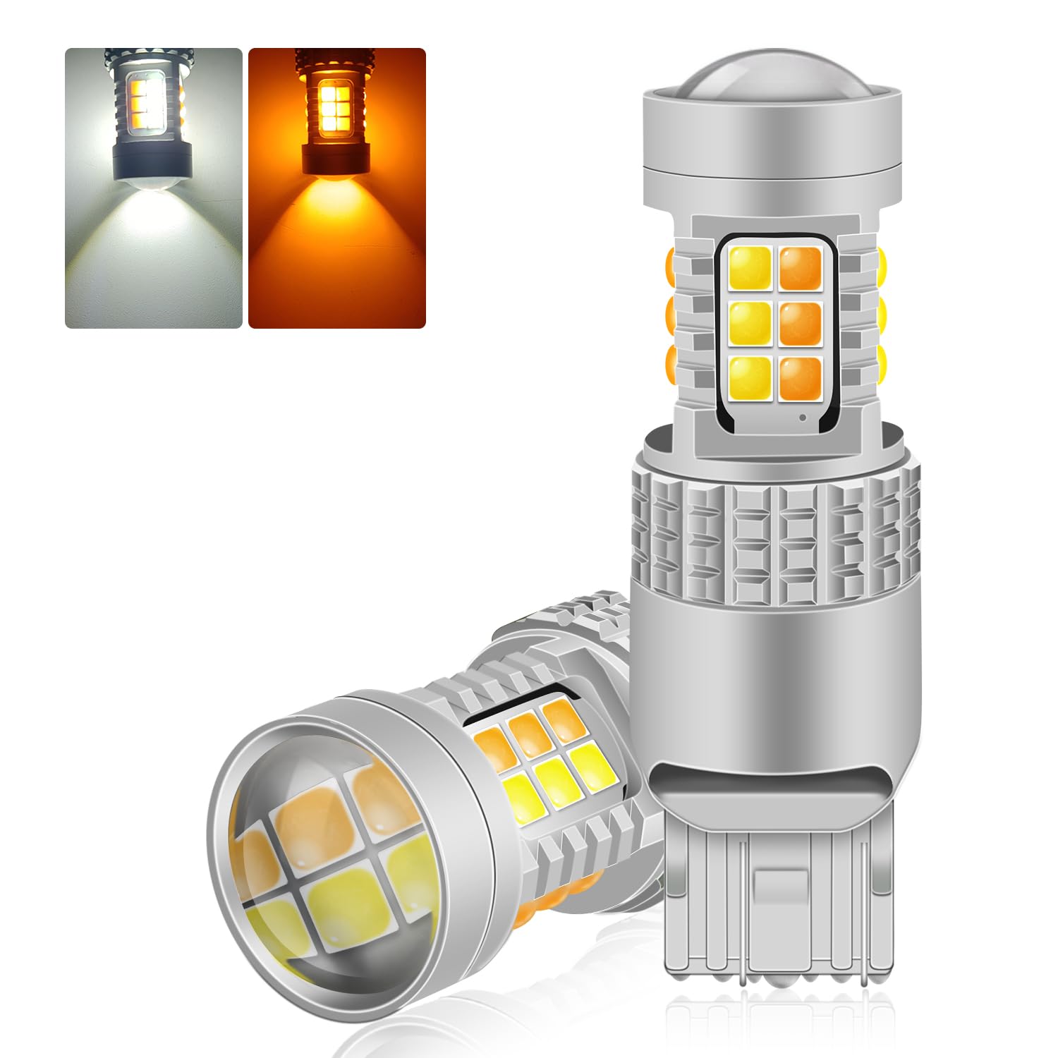 

Fenikso T20 Двухсферная светодиодная лампа указателя поворота/габаритного света, янтарно-белая, с переключением 2 цветов, 7443 с рассеивающей линзой, DC12V, 2 шт. T20 Double Ball оранжевый