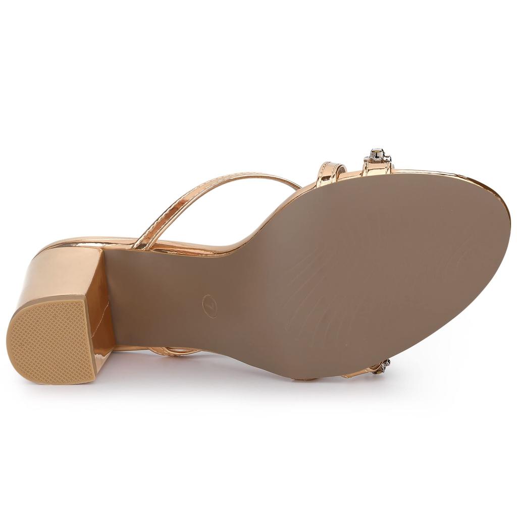 Allegra K Women's Rose Gold Slide Mule Sandals with Rhinestones, Cross Strap, Block Heel, Size 24.0cm