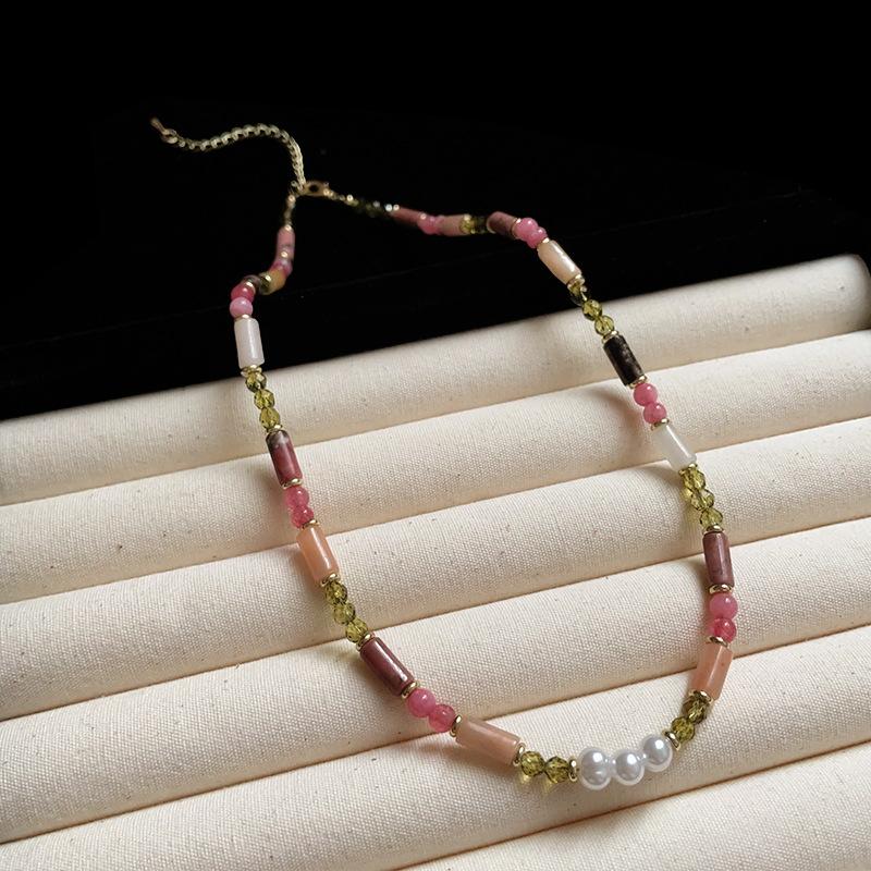 Dopamine Colored Natural Stone Beaded Necklace Female Fresh Sweet Cute Exquisite Fashion Versatile Neck Chain Collarbone Chain
