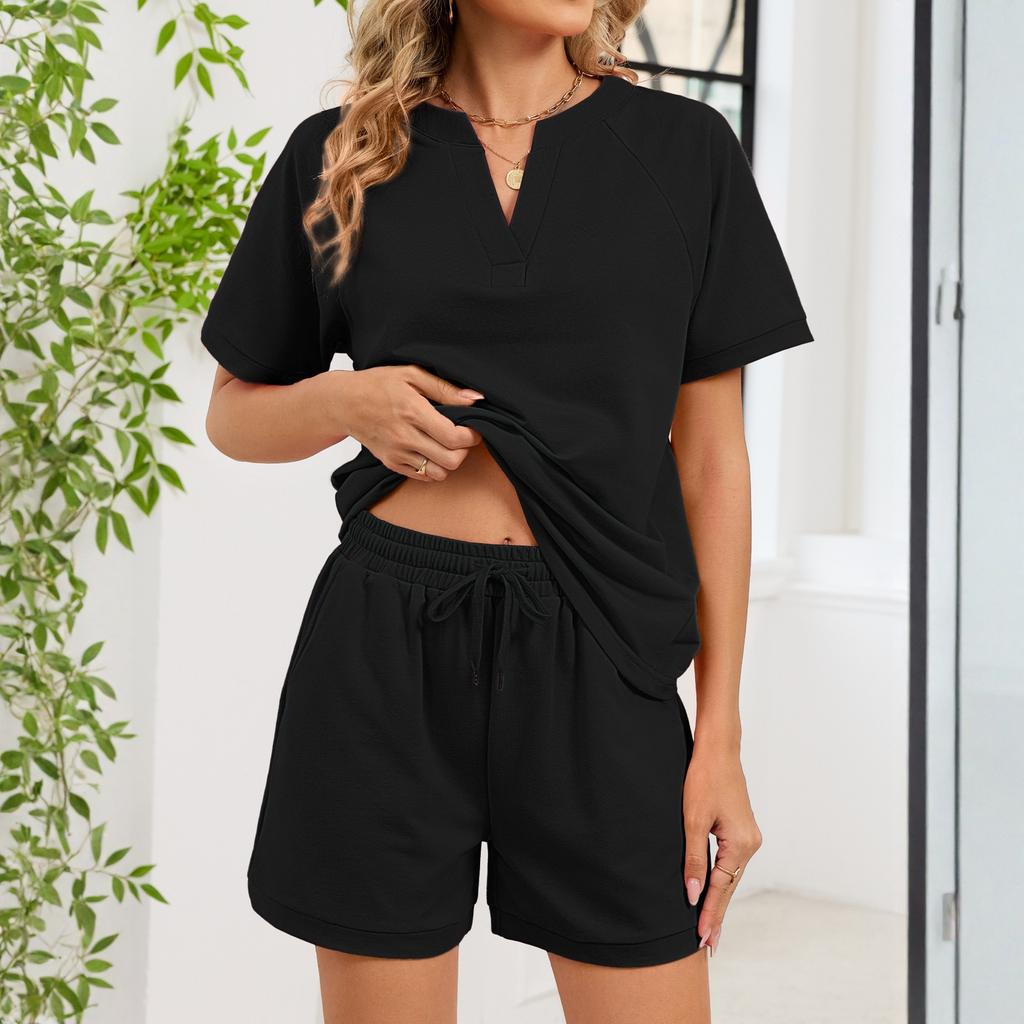 Women's Fall Two Piece  Outfits Short Sleeve Tops Tee Shirts Wide Leg Shorts Sets