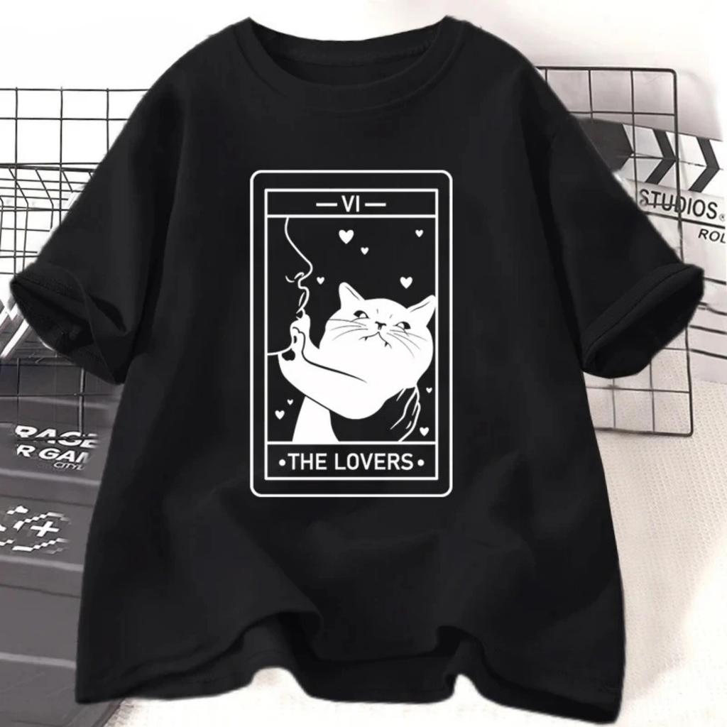 Tarot Lover T-shirt Short Sleeve Cat Lover T-shirt Crazy Cat Women's Graphic T-shirt Harajuku Casual Retro Clothes T-shirt Y2K