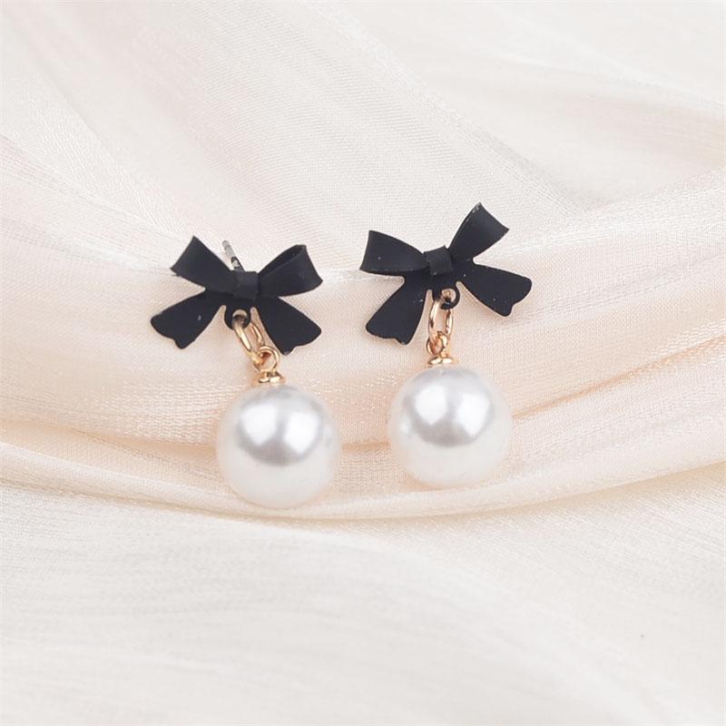 Black Red Bowknot Elegant Hanging Earrings Imitation Pearl Ball Pendants Korean Fashion Sweet Small Earrings Brincos 2025 New