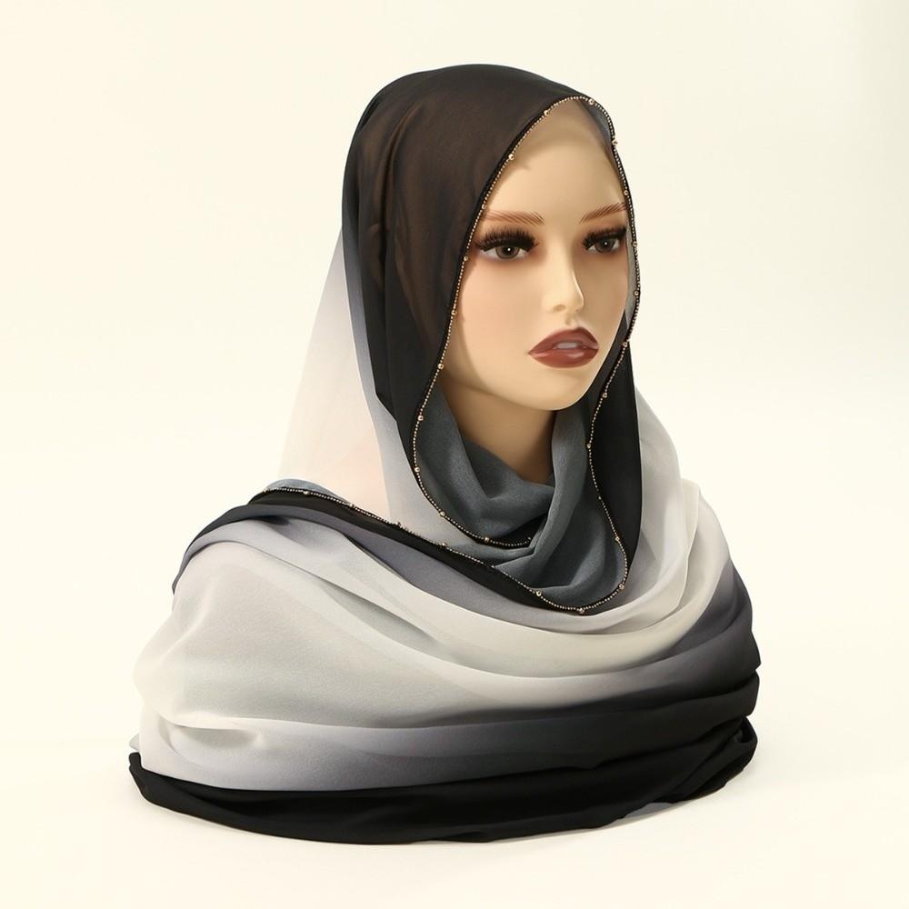 Elegant Gradient Double Colors Ethnic Style Scarf Gold Bead Long Headscarf Bandana Beads Chain Wraps Shawl Daily