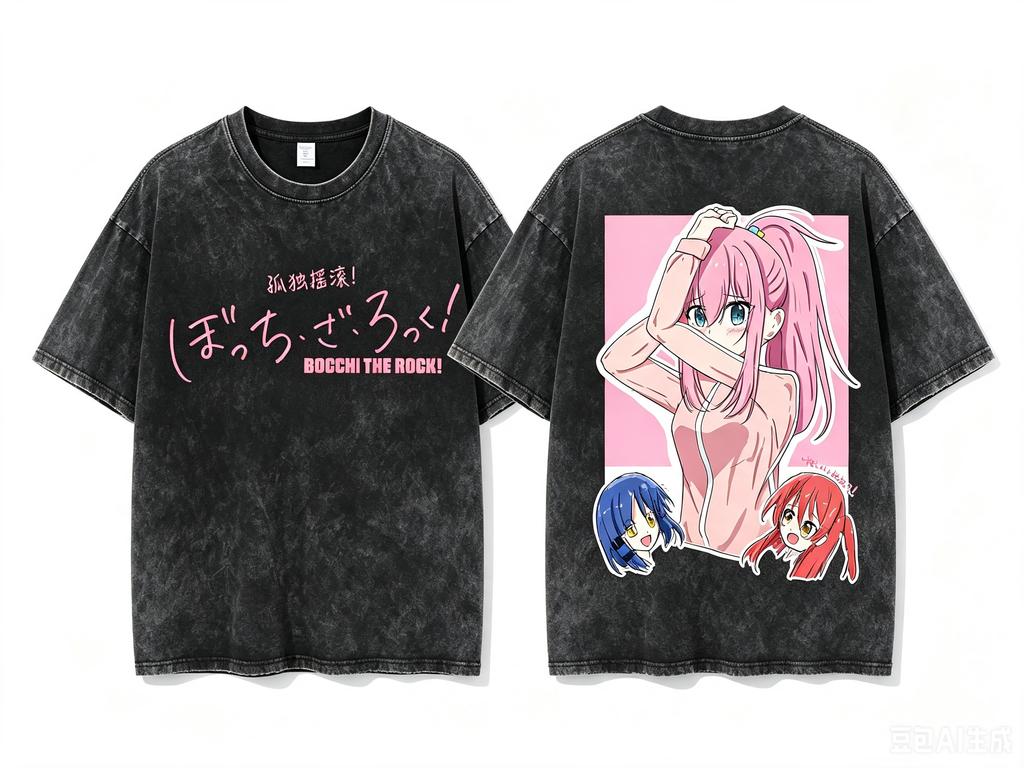 Hitori Gotoh & Ikuyo Kita Bocchi The Rock! Maid Outfit Double Sided Graphic Washed Crew Neck Short Sleeve Women And Men T-shirt