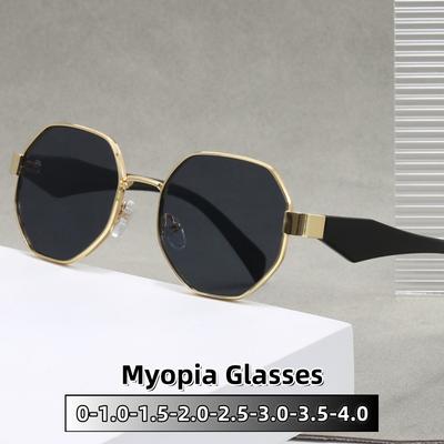 Óculos de Sol Circulares Poligonais de Metal Retrô para Miopia Moldura de Metal da Moda Proteção para os Olhos Vidros Resistentes a UV 0 A -4.0