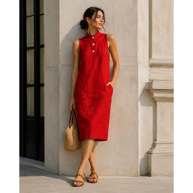 Women Stand Collar Half Button Sleeveless Linen Midi Dress With Side Pockets