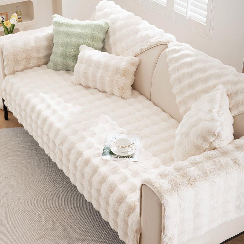 New Rabbit Plush Sofa Cushion Winter Thickened Plush Seat Cushion Straight Row Three-Person Non-Slip Leather Sofa Cover